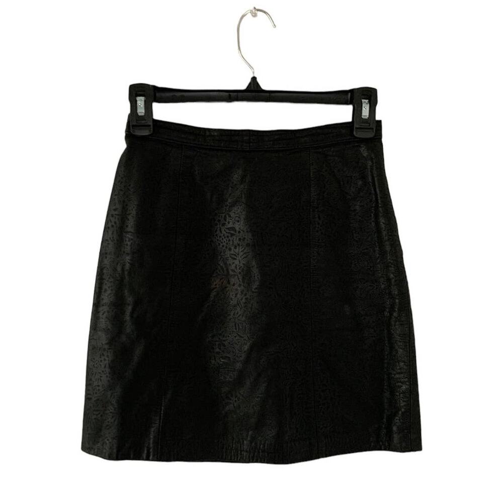 Vintage 80s Black Patterned Leather Mini Skirt Size 3/4